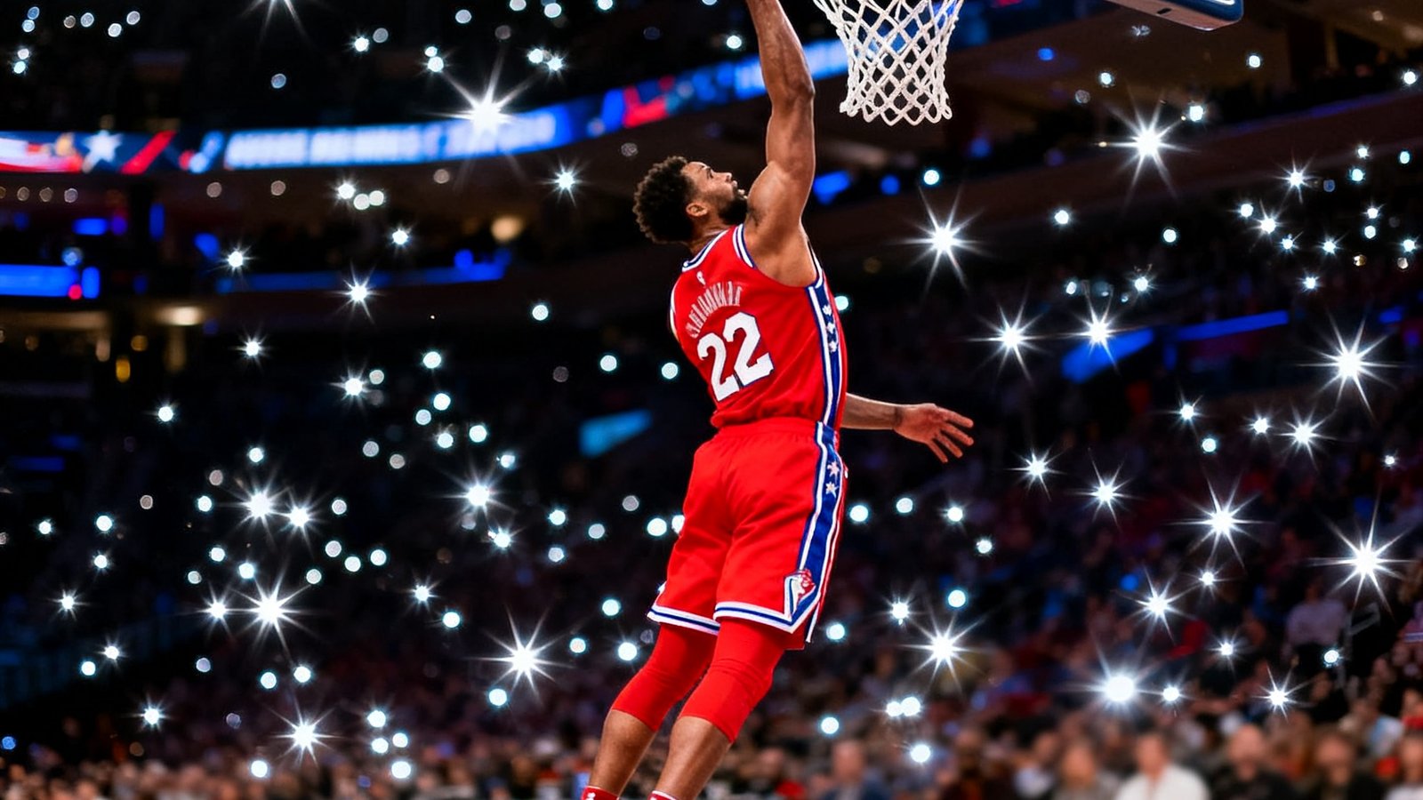 NBA全明星周末扣篮大赛现场，一位身穿红色球衣的球员从罚球线起跳，单手将球扣入篮筐，场馆内闪光灯密集闪烁