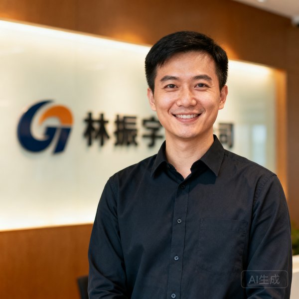 友博体育创始人兼CEO林振宇的半身肖像照，他穿着深色衬衫，面带微笑站在公司logo墙前，眼神坚定而温和
